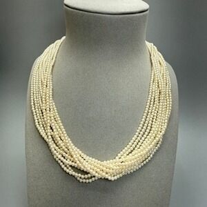 VTG 1980s Multi Strand Necklace 20" Gold Tone Cream Faux Pearl Statement Costume